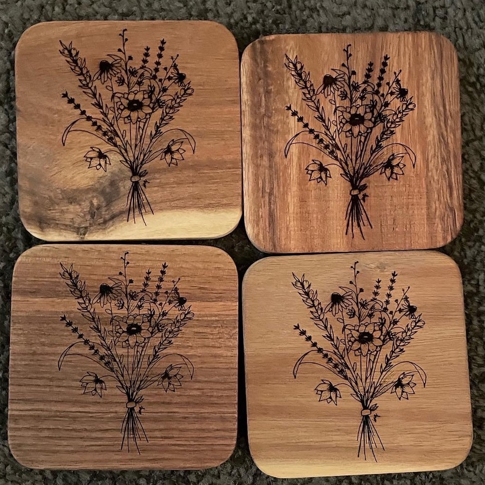 4 acacia wood floral homemade coasters